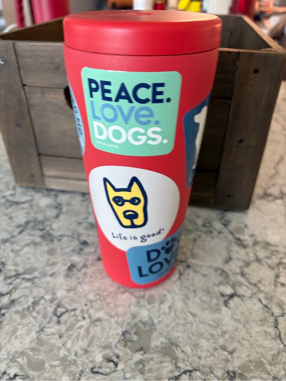 Life Is Good Red Travel Tumbler with Dog Graphics